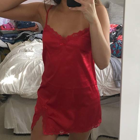 red lace slip dress